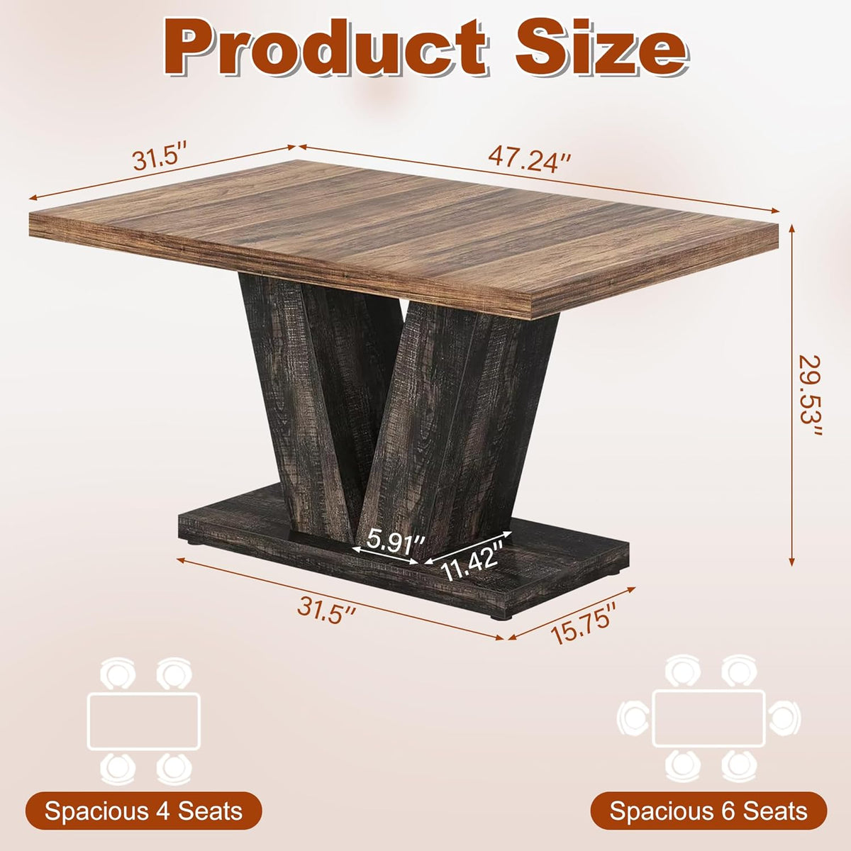 47 Inch Dining Table for 4, Farmhouse Dinner Table Wooden Kitchen Tables with Heavy Duty Pedestal for Dining Room, Kitchen, Living Room, Brown & Black