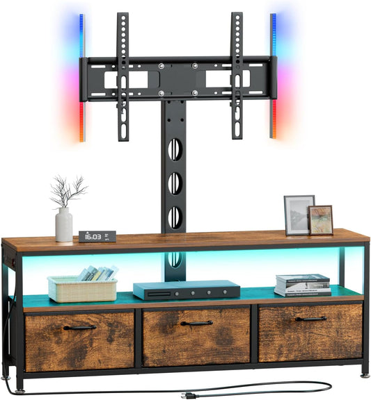 JUSTOGO TV Stand with Mount and Power Outlet, TV Stand with Drawers Storage for Living Room Bedroom, LED Entertainment Center for 45/55/60/65 inch, Height Adjustable Media Console, Rustic