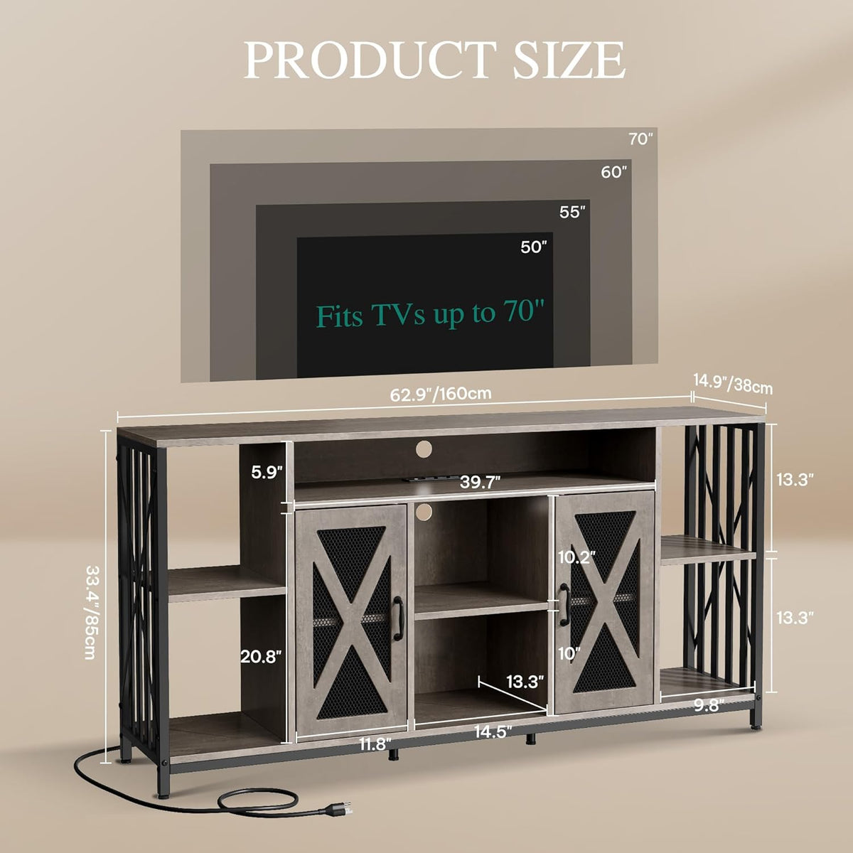 YITAHOME TV Stand for 70/65 Inch TV, 33.5'' Tall TV Stands for Living Room, Entertainment Center with Storage, LED TV Stand with Power Outlets, TV Media Console Cabinet, Grey