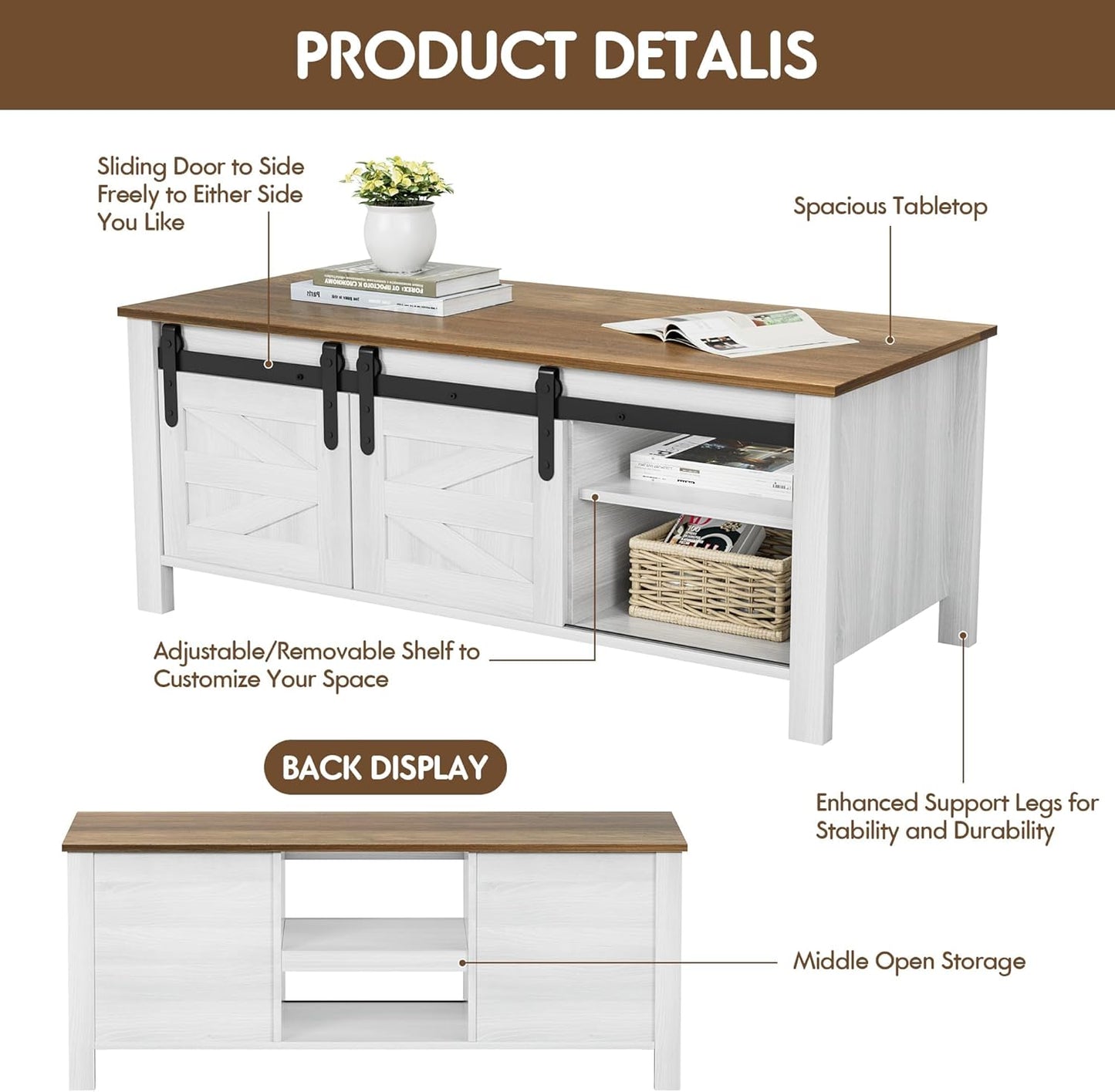YESHOMY Coffee Table with Sliding Barn Doors & Storage, Wooden Center Rectangular Cabinet with Adjustable Shelves, for Livingroom, Bedroom, Home Office, White