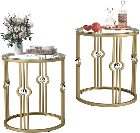 OIOG Glass Side Table Set of 2, Living Room End Table with Tempered Glass & Metal Frame, Gold Side Table for Bedroom Office, 2 PC