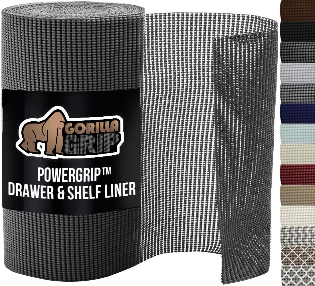 GORILLA GRIP powerGRIP Drawer Shelf and Cabinet Liner, Thick Strong Hold, Non-Adhesive Liners Protect Kitchen Cabinets and Cupboard, Bathroom Drawers, Easy Install, Breathable Mat, 20" x20', Charcoal
