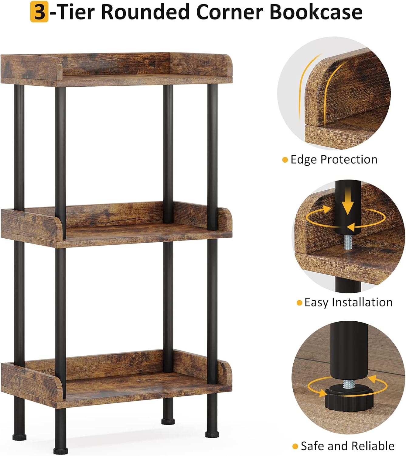 Hosfais Bookshelf Small Book Shelf, 3 Tier Wood Bookcase Industrial Bookshelf Metal Standing Book Shelves Display Book Rack for Living Room Bedroom Home Office (Rustic Brown)