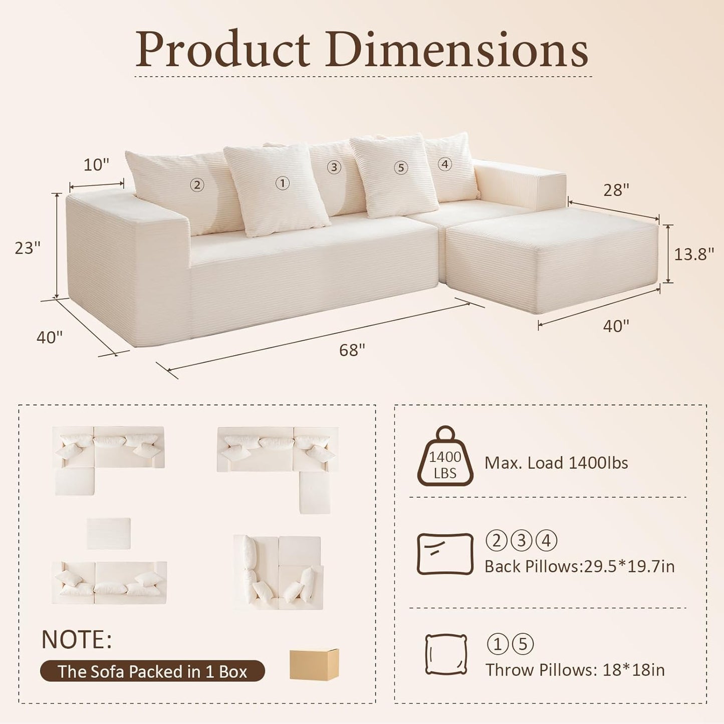 INGEROOM 108" Cloud Sectional Couch with L-Shape Chaise, Modular Sofa Memory Foam, Boneless Sofa with Movable Ottoman, Upholstered Couches for Living Room Bedroom, No Assembly Required, Beige