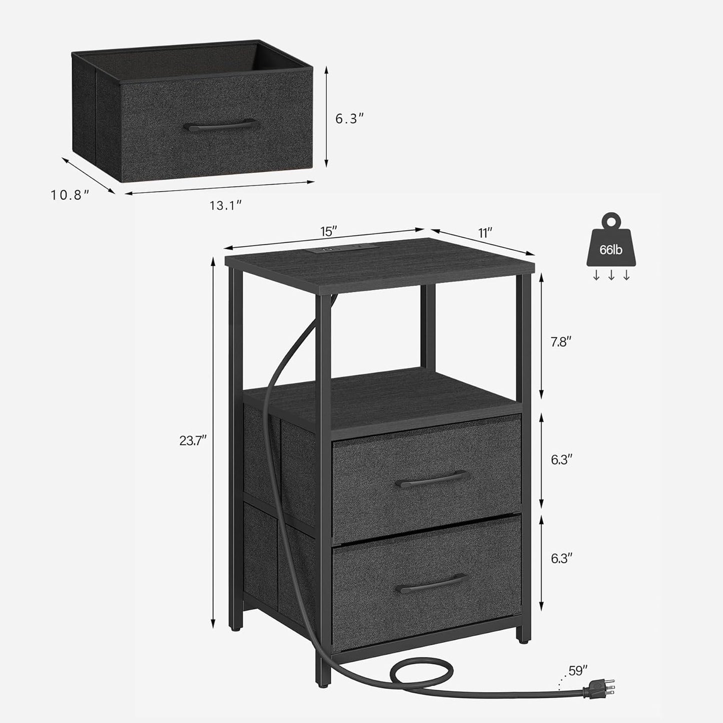 TUTOTAK LED End Table with Charging Station, Night Stand, Side Table with 2 USB Ports and Outlets, Nightstand with Cloth Drawer, Bedside Table for Livingroom, Bedroom Black TB01BK088L