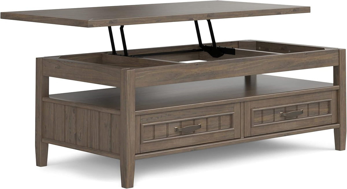 SIMPLIHOME Lev Lift Top Coffee Table - 48 inch Wide Solid Wood Rectangle Living Room Table in Smoky Brown, Transitional Cocktail Table for Family Room with Hidden Storage and Open Shelf