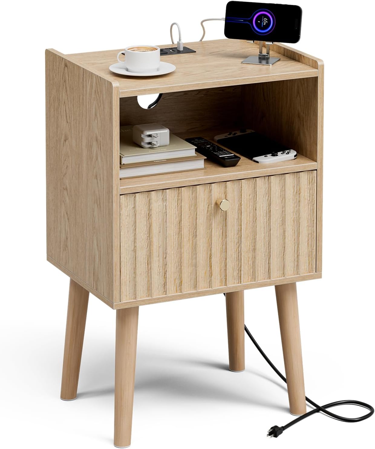 Side Table with Charging Station, Modern End Table with Fluted Drawer, Bedside Table, Night Stand with 2 Tiers Storage Space, for Bedroom, Living Room, Oak