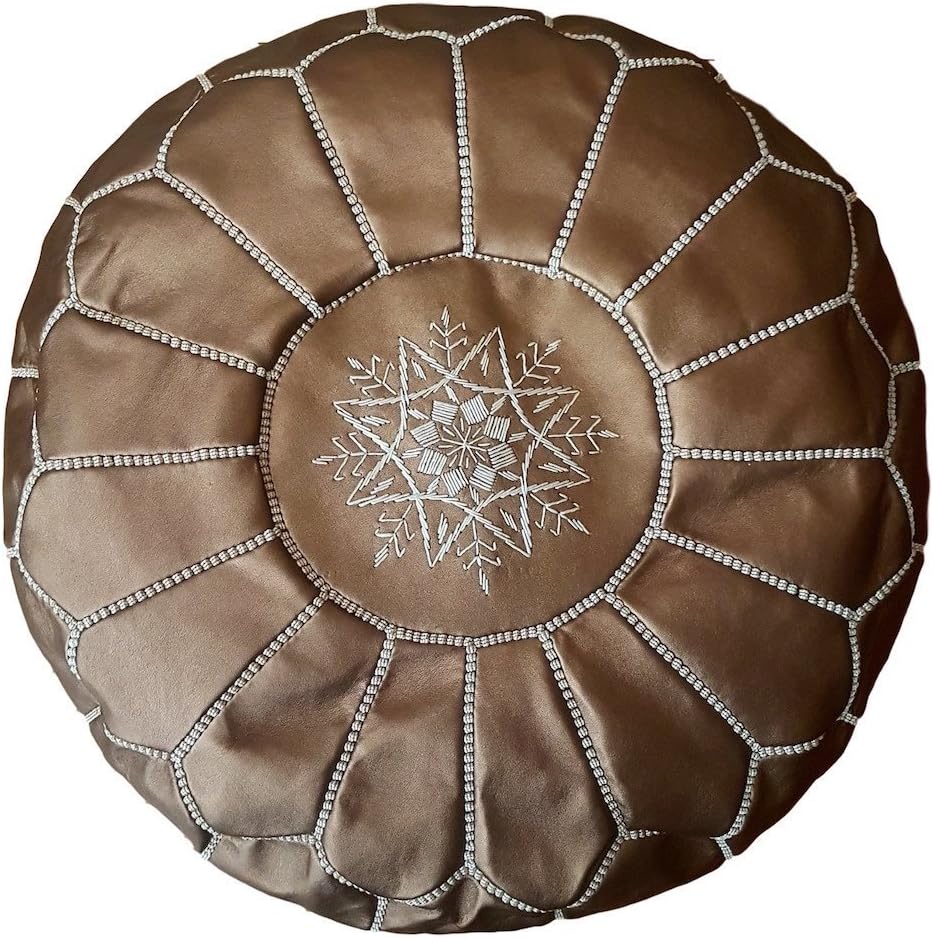 Stuffed Round Design Moroccan Faux Leather Pouf Ottoman, Handmade, Pre-Filled, 100% Genuine Leather, 13” Height x 20” Diameter, Footstool & Living Room Décor (Matte Bronze)