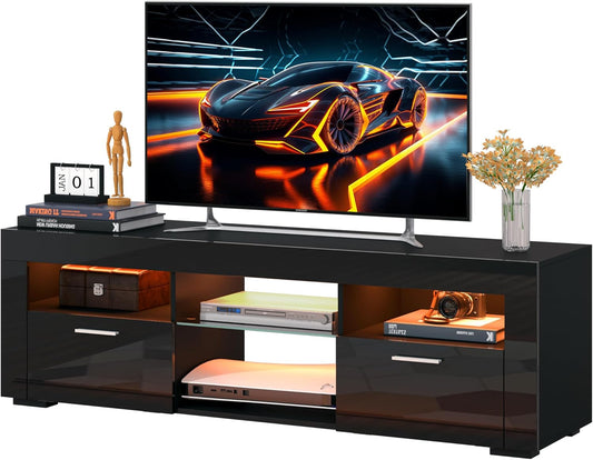 55" TV Stand for Living Room, High-Gloss Entertainment Center for 55 Inch TV, Spacious Storage Cabinet for Living Room & Bedroom (Black)