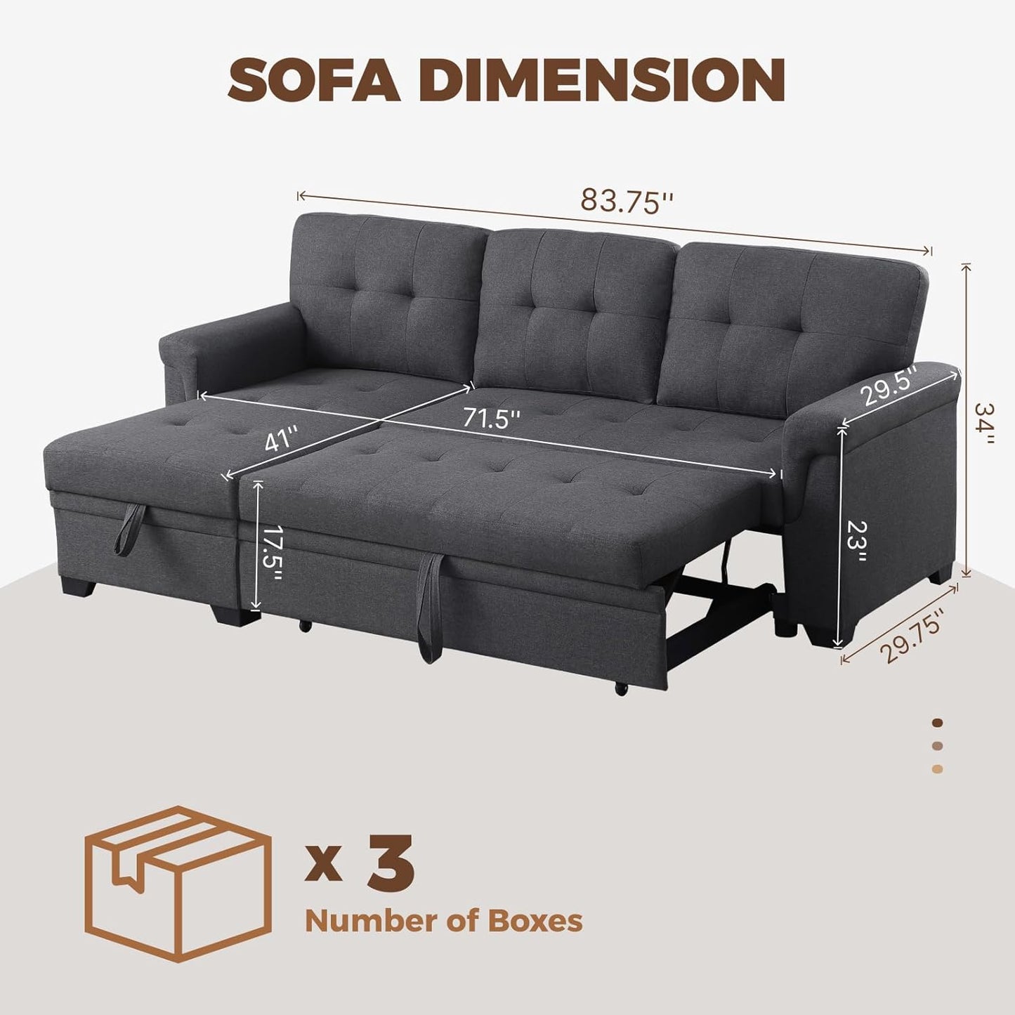 83 Inch L Shaped Modular Convertible Sleeper Sectional Sofa Bed with Storage Chaise and Pull-Out Bed, Linen Upholstered Reversible Corner Couch for Living Room, Home Furniture, Dark Gray