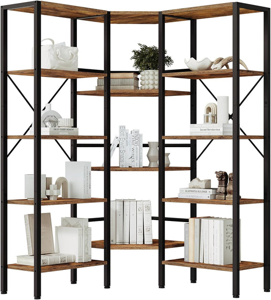 HOOBRO Industrial Corner Bookshelf, 5-Tier L-Shaped Bookcase, Open Display Storage Rack, Floor Standing Storage Shelf, for Living Room, Bedroom, Home Office, Rustic Brown and Black BF68SJ01