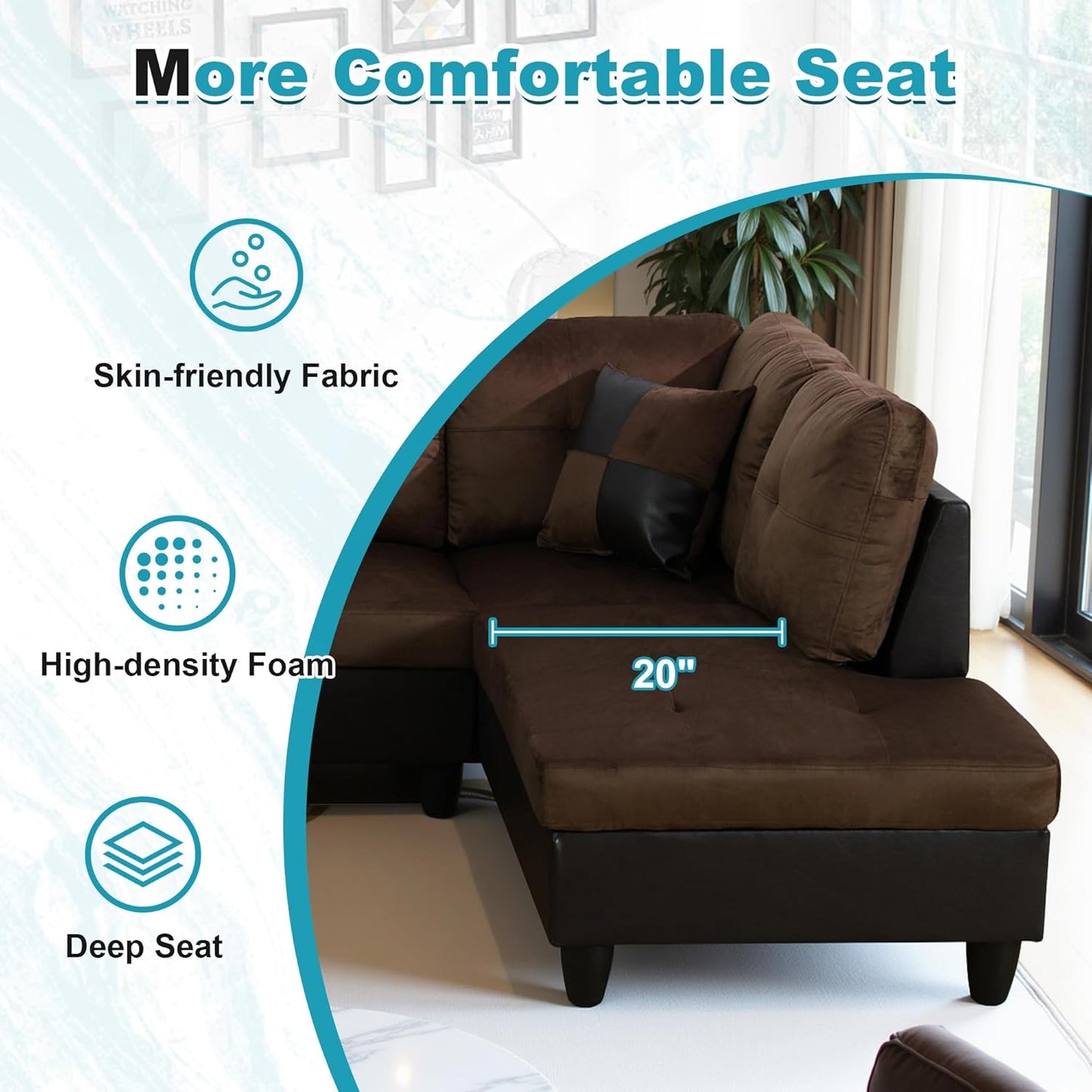 103.5" Oversized Sectional Couch, L Shaped Couch with Storage Ottoman, Modern Modular Sofa with Deep Seat, Sectional Couches for Living Room and Office, Brown (Lint and PVC)