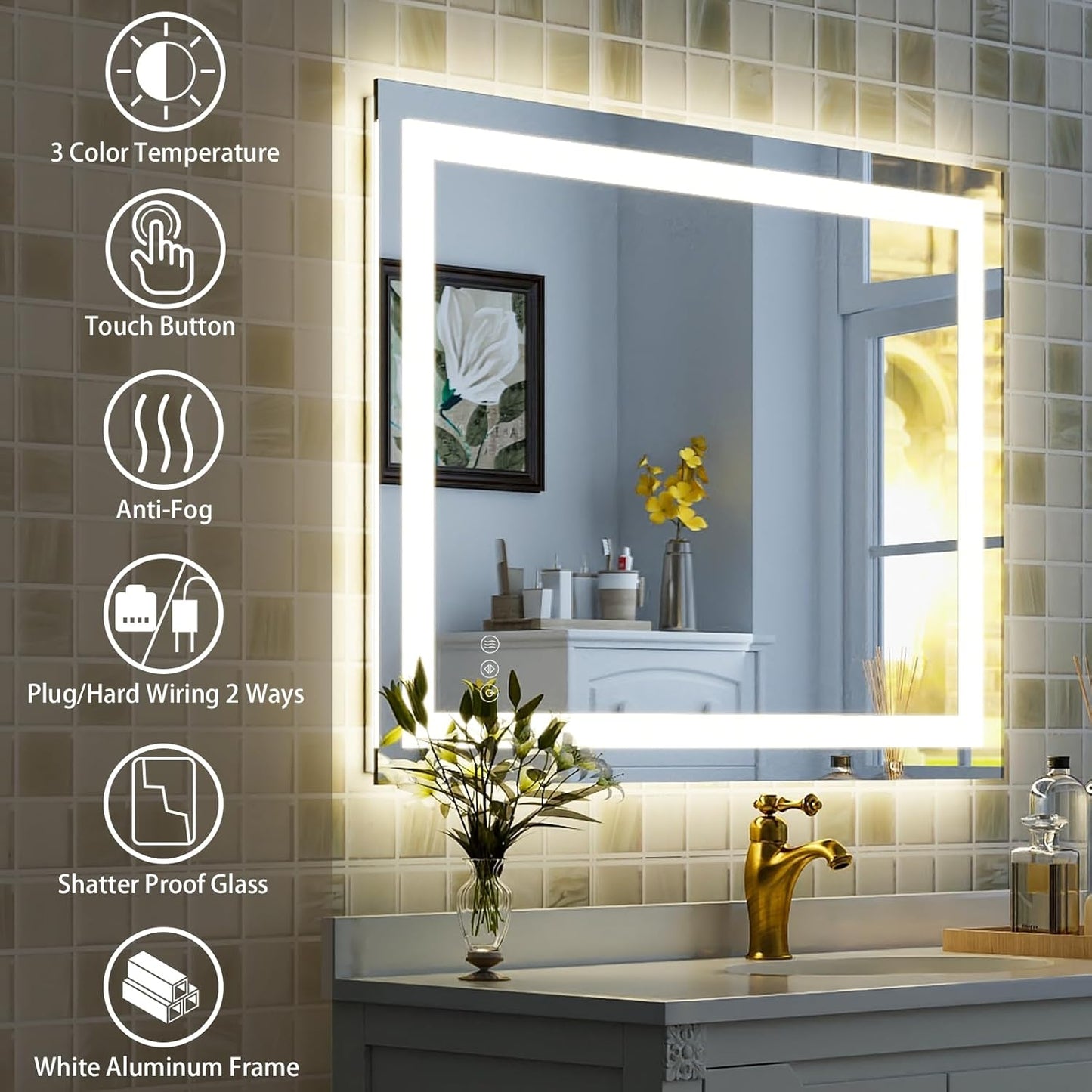 38'' x 26'' LED Bathroom Mirror with Lights, Wall Mirror with Front and Backlight, 3 Colors Vanity Mirror with Lights, Anti-Fog Wall Mirror for Bathroom