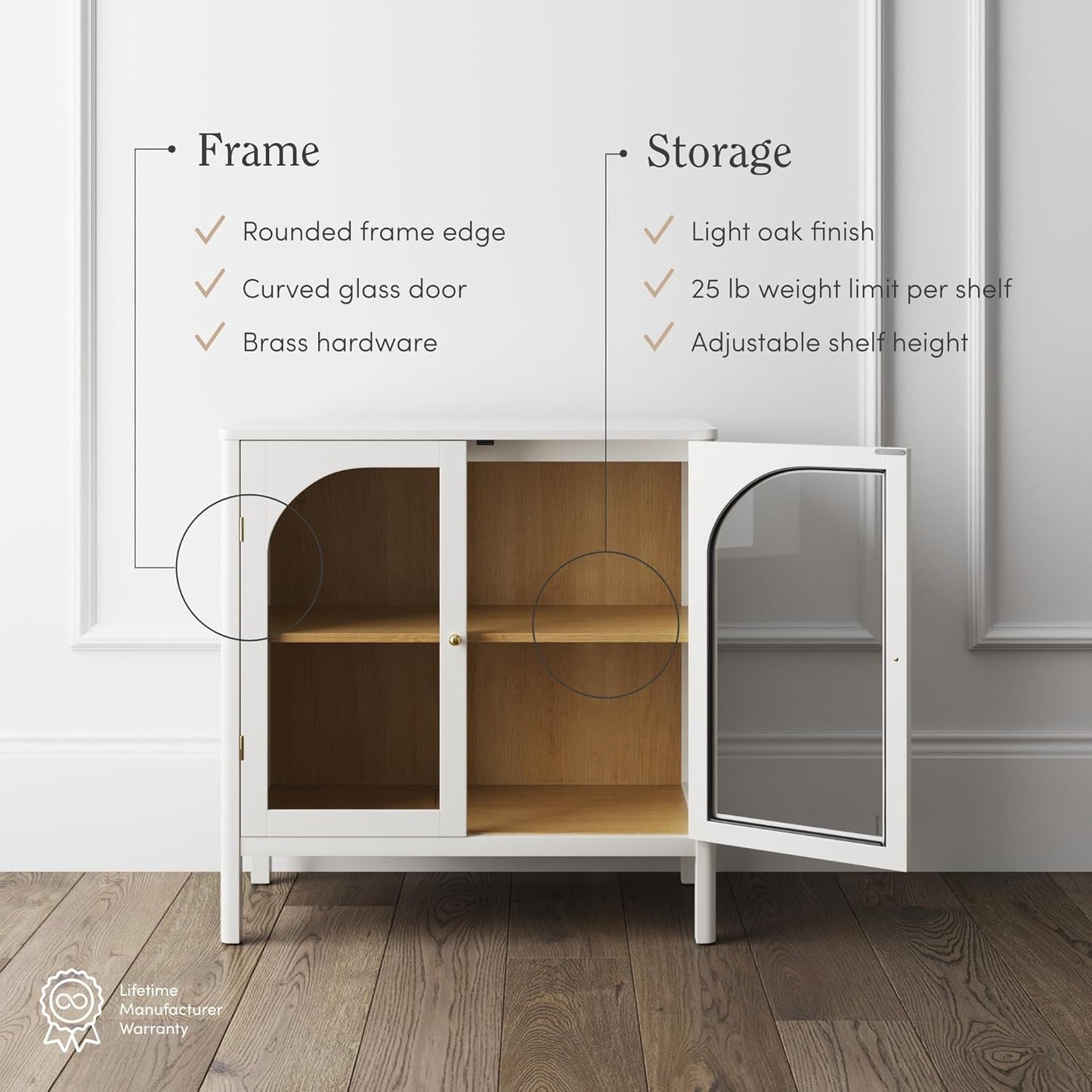 Nathan James Mason Wood Storage Cabinet Accent Sideboard Buffet Credenza TV Stand with Glass Doors and Adjustable Shelf for Dining Room, Entryway or Living Room, Clear Glass/White/Light Oak, Set of 2