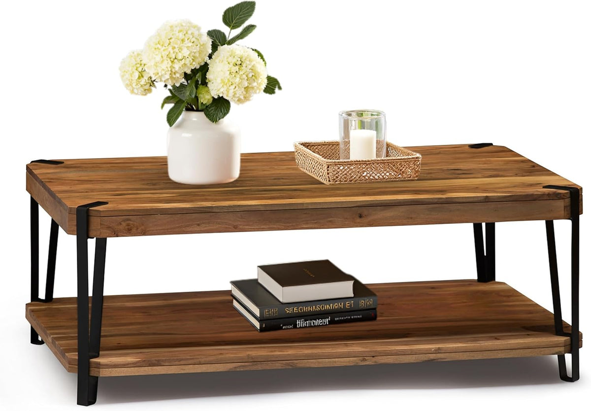 Alaterre Furniture Ryegate 48" Live Edge Wood Coffee Table â€“ Solid Acacia with Metal Frame, Industrial Modern Design, Rustic Rectangle Table with Clear Finish for Living Room or Lounge