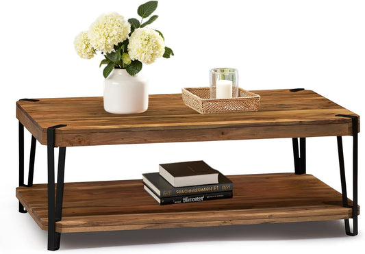 Alaterre Furniture Ryegate 48" Live Edge Wood Coffee Table â€“ Solid Acacia with Metal Frame, Industrial Modern Design, Rustic Rectangle Table with Clear Finish for Living Room or Lounge