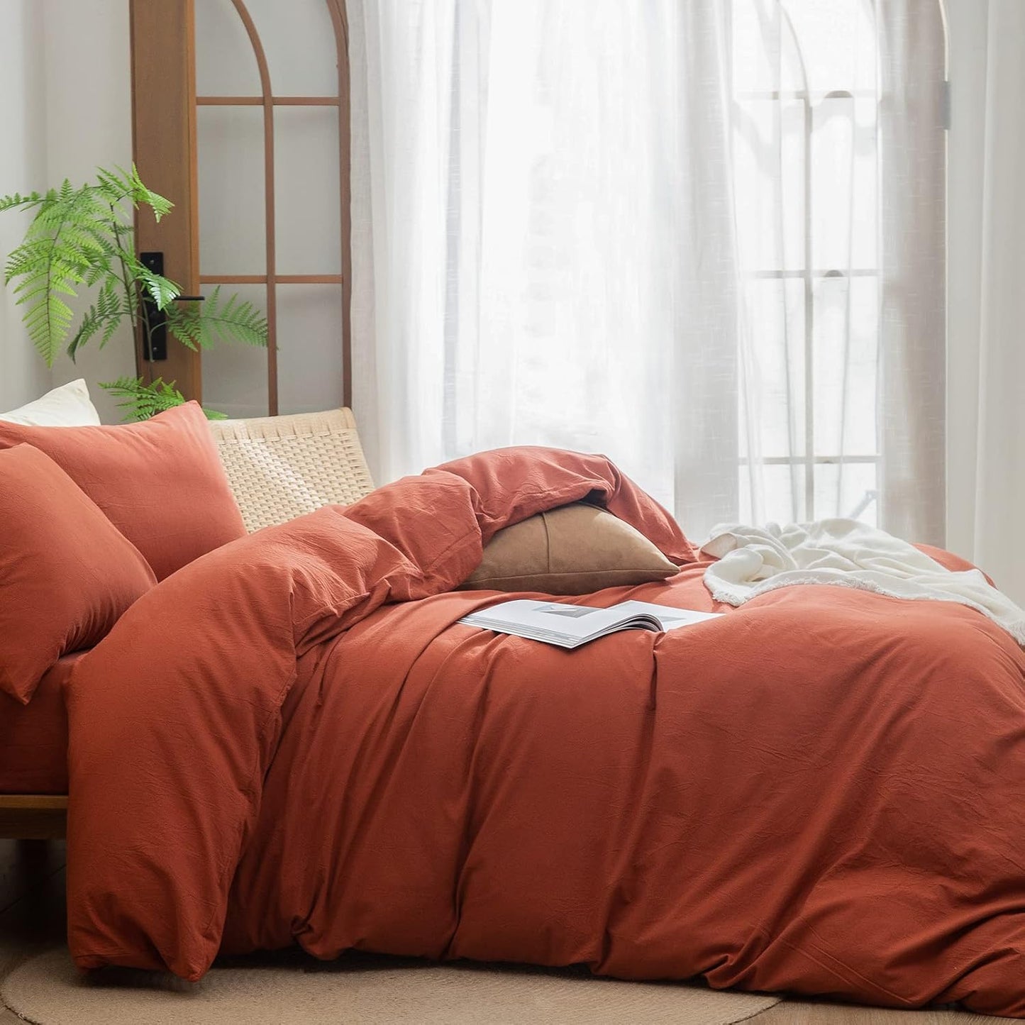 BESTOUCH Duvet Cover Set 100% Washed Cotton Linen Feel Super Soft Comfortable Chic Lightweight 2 PCs Home Bedding Set Solid Burnt Brick Red Twin/Twin XL