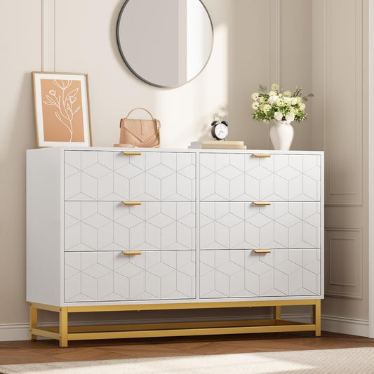 GAOMON White Dresser for Bedroom,Modern 6 Drawer Double Dresser with Gold Handles,Long Storage Organizer for TV Stand & Closet,Large Chest of Drawers for Living Room,Hallway,Entryway
