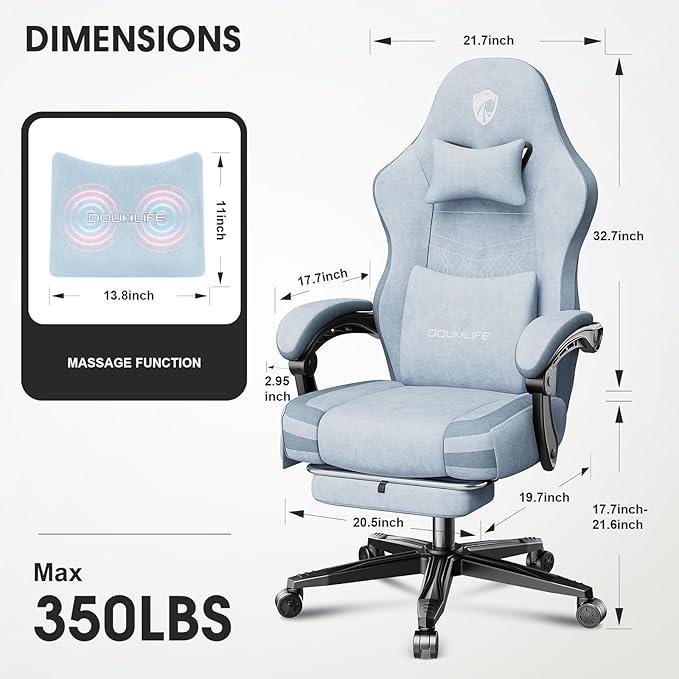 Gaming Chair, Fabric Computer Office Chair with Massage, Ergonomic Chair with Footrest Lumbar Support, Pocket Spring Widened Cushion Metal Legs 350LBS Blue
