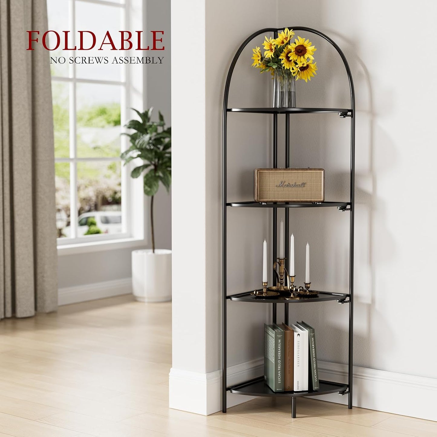 Crofy Foldable 4 Tier Corner Shelf, Metal Corner Plant Stand with Black Frame and Black Shelves, Corner Display Rack Multipurpose Shelving Unit for Living Room, Bedroom, Bathroom