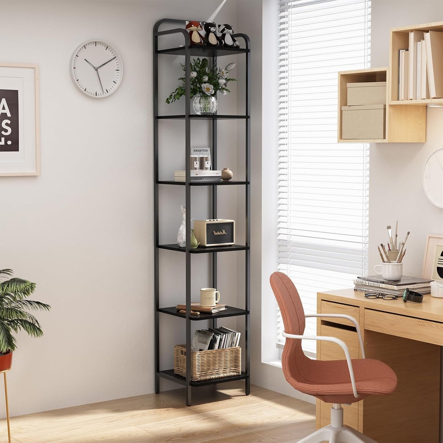 Book Shelf, 6 Tier Bookshelf, Bookcase with 6 Shelves, Storage Rack Organizer, Corner Wood Storage Shelf with Metal Frame for Bedroom, Living Room, Black