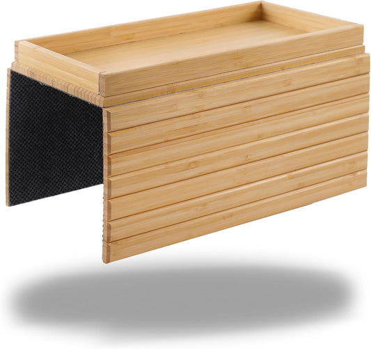 DETOR Couch Arm Tray, Foldable Sofa TV Tray with Capacious 12.4" x 5.4" Storage Box, Natural Bamboo Finish, Enhanced Nonslip Felt Bottom, Sturdy Bamboo Slats Material | for Armrests 6" and Wider