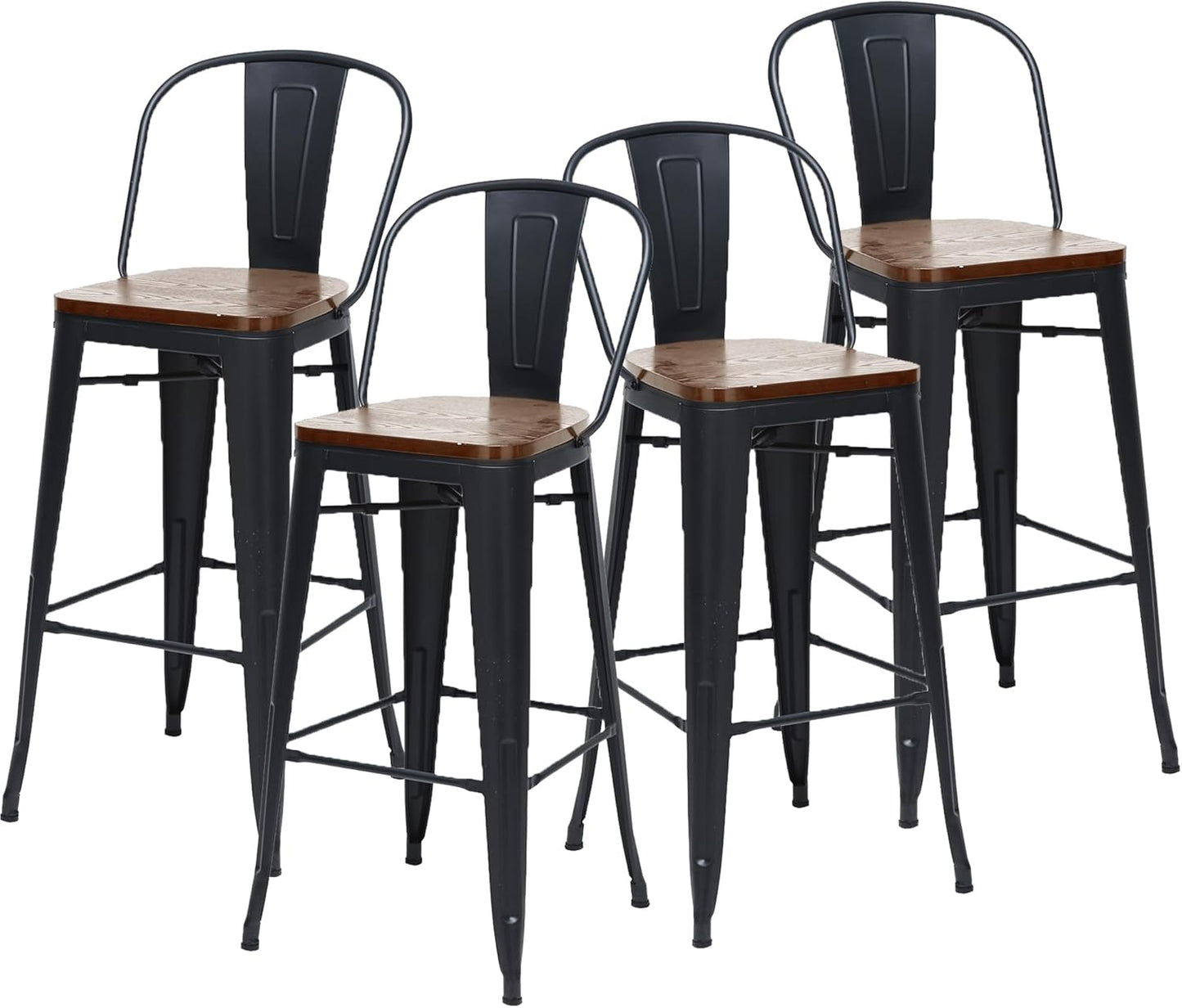 Changjie Furniture 26 Inch Metal Barstools Set of 4 Counter Height Bar Stools Industrial Stools with Backs High Back Chairs for Kitchen Island (26 Inch, Black)