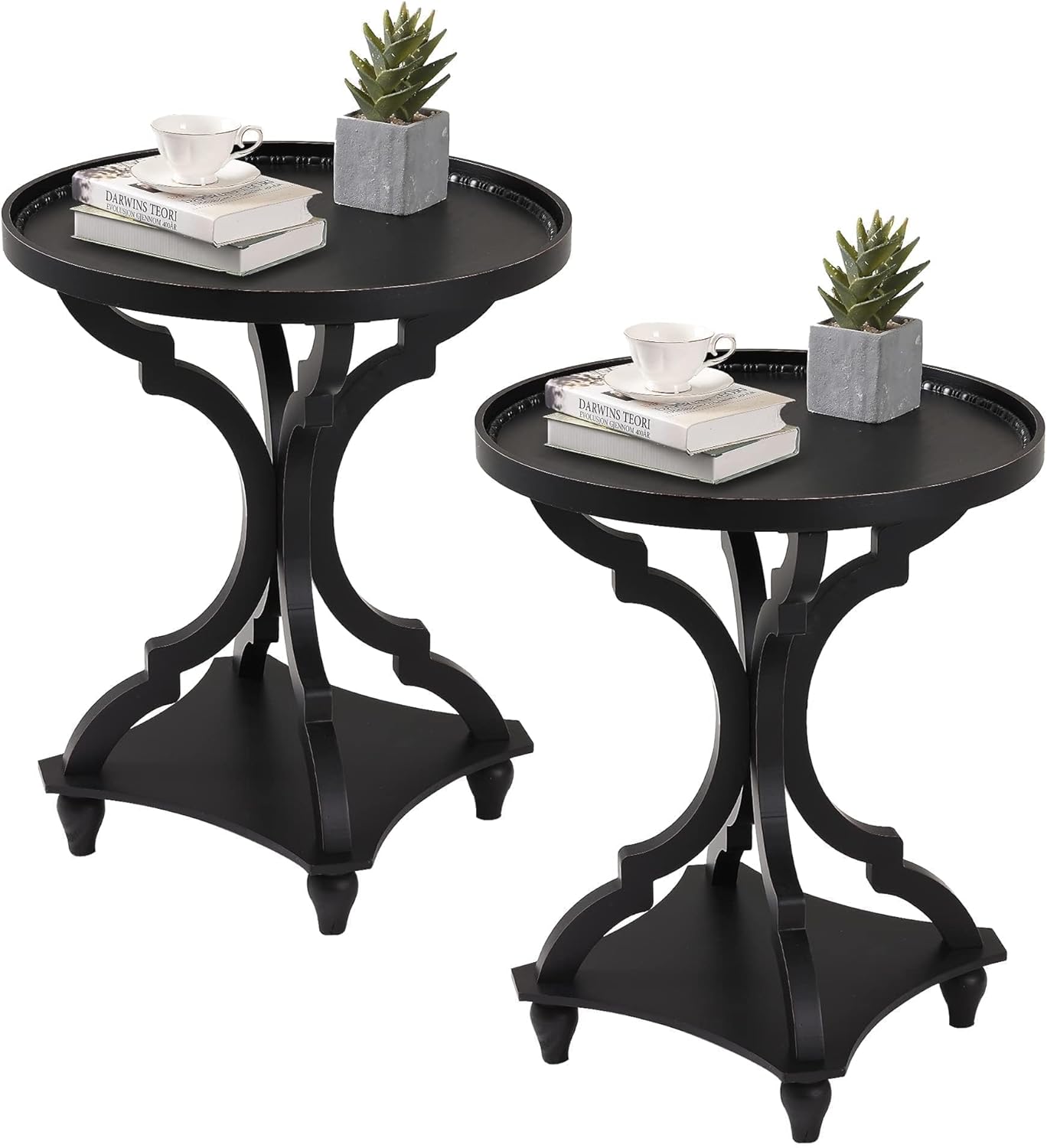 Wnutrees Farmhouse Round Accent End Table, Rustic Side Table Nightstands for Living Room, Wood Tray Top, Handcrafted Finish, Set of 2, Black