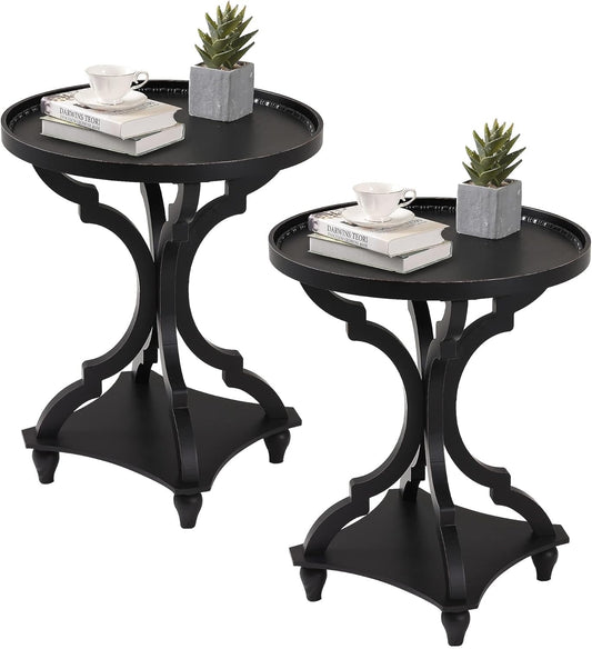 Wnutrees Farmhouse Round Accent End Table, Rustic Side Table Nightstands for Living Room, Wood Tray Top, Handcrafted Finish, Set of 2, Black