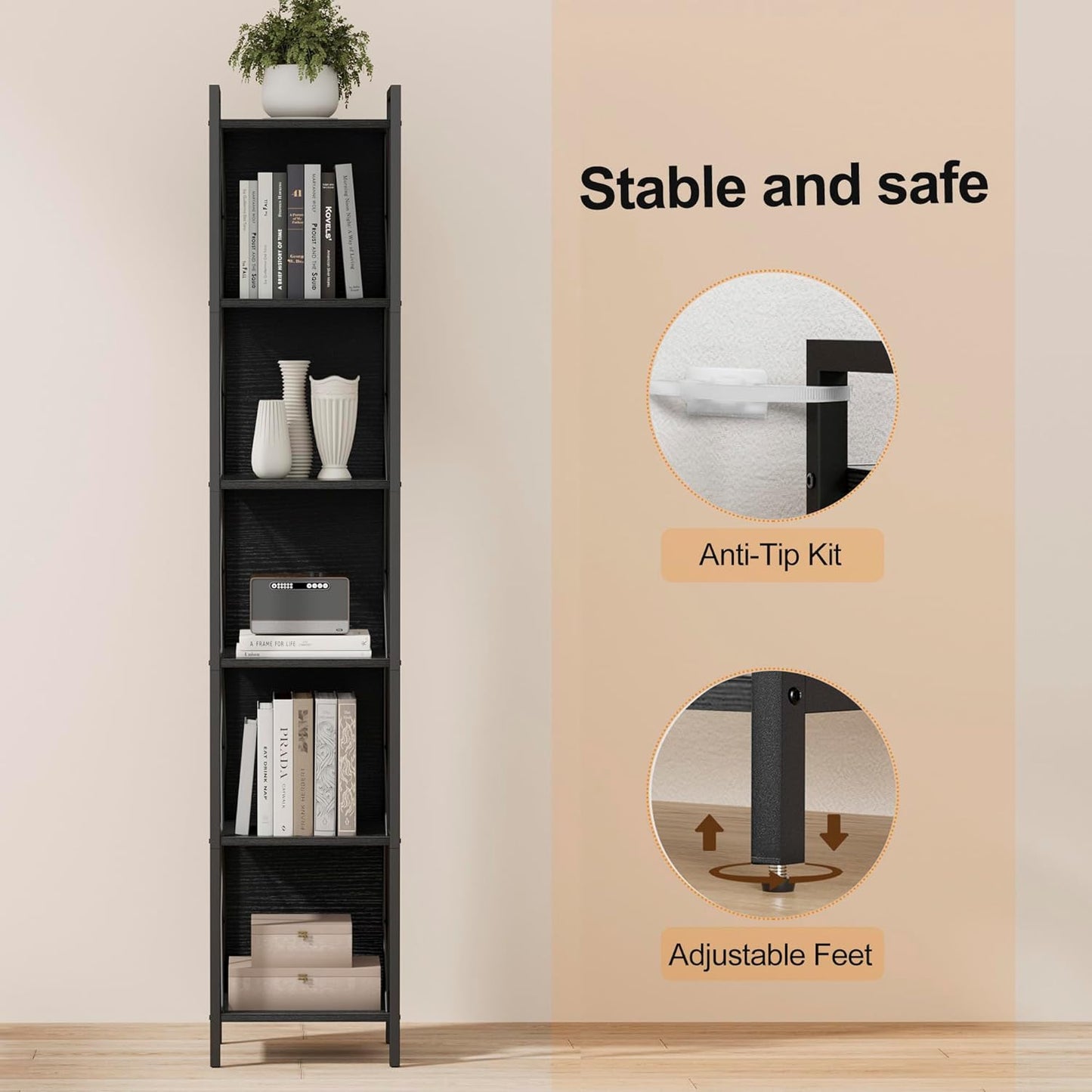 Homhedy 6 Tier Bookshelf Bookcase, Tall Narrow Bookshelf for Small Space, Metal Storage Shelves with Back Panel, for Home Office, Living Room, Kitchen, Bedroom, Industrial Style, Black
