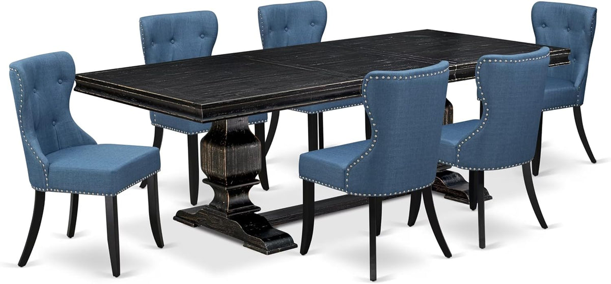 LKSI7-SBB-21-7-Piece Modern Dining Set Consists of a Mid Century Table and 6 Blue Linen Fabric Parson Chairs with Button Tufted Back - Sand Blasting Black Finish