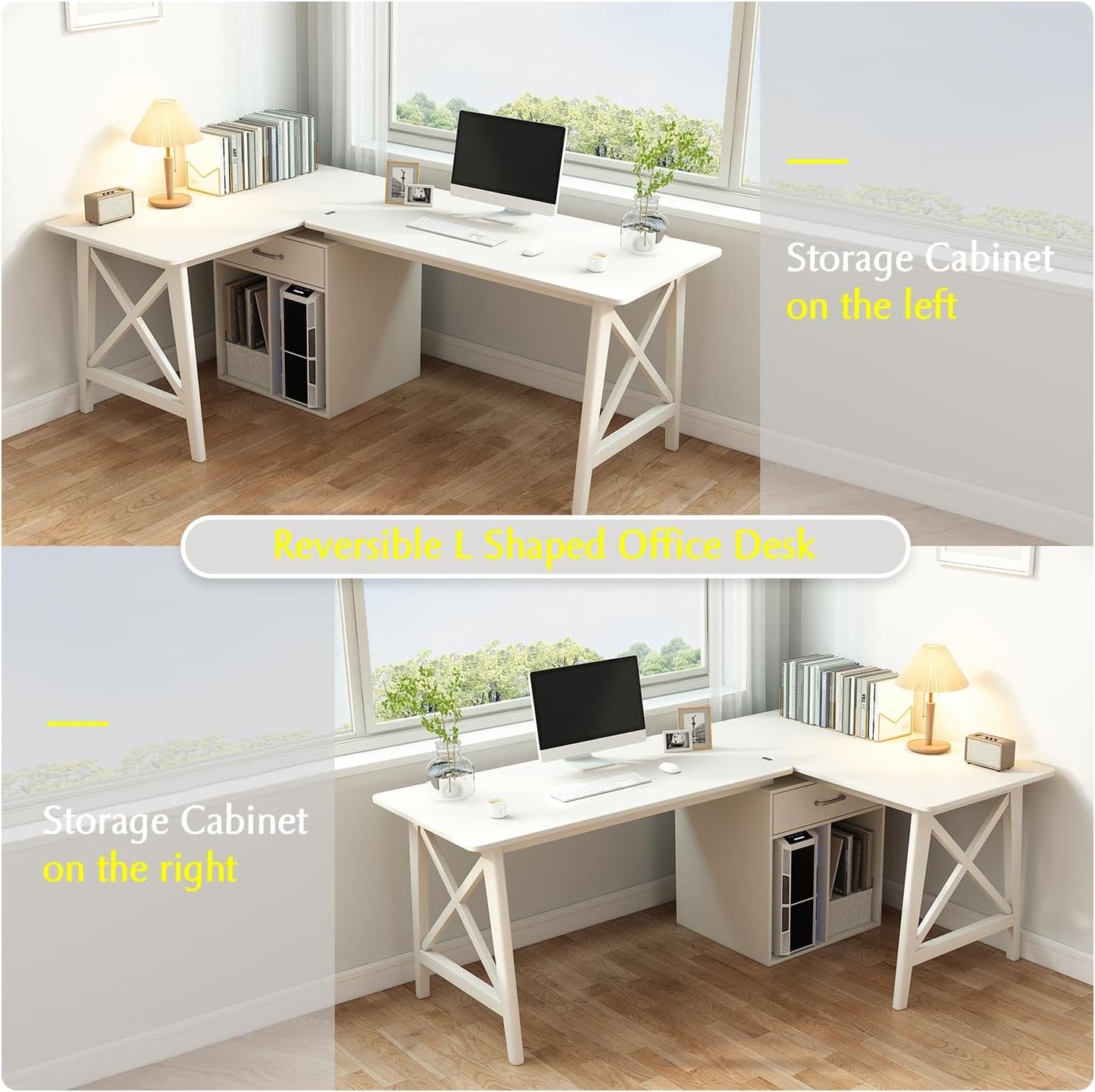 2-Person Desk with Storage Cabinet - 94" Wooden Extra Long L Shaped Table, Double Work Study Computer Workstation for Home Office, White, 94" W x 24" D