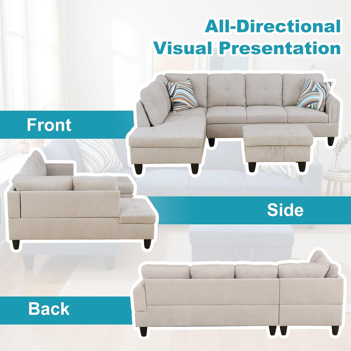 L Shaped Couch Modern Sectional Couch Upholstered Fluffy Fabric 3 Pieces Sofas for Living Room with Chaise, Storage Ottoman for Office and Small Apartment, Light Grey