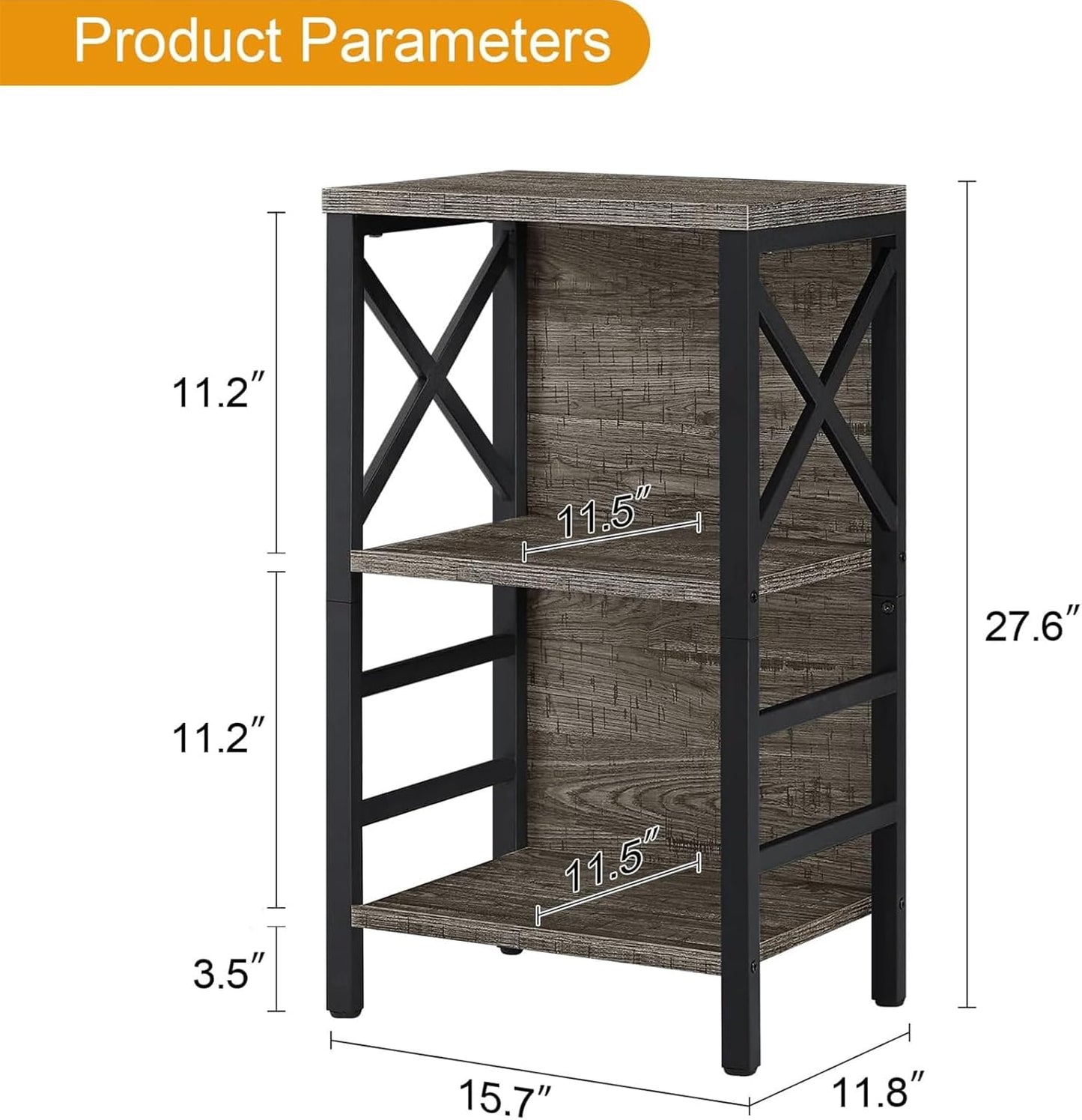 Small Bookcase,3 Tier Industrial Bookshelf with Metal Frame and Backboard,Low Grey Book Shelf,Book case for Small Spaces,Living Room,Bedroom and Home Office