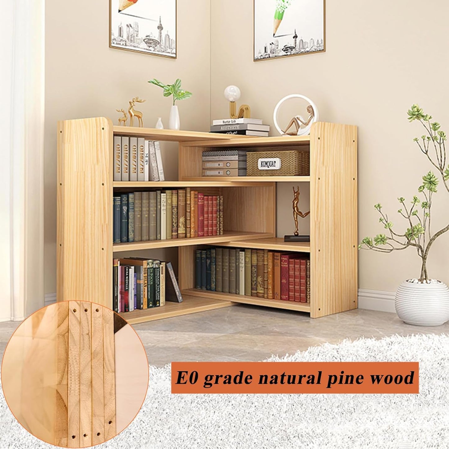 Wooden Extendable Bookcase,Open Low Bookshelf, 4-Shelf Storage Unit, Freestanding Bookcase for Small Spaces or Corners, Stylish Shelves for Living Room and Office (Wood Color, L)