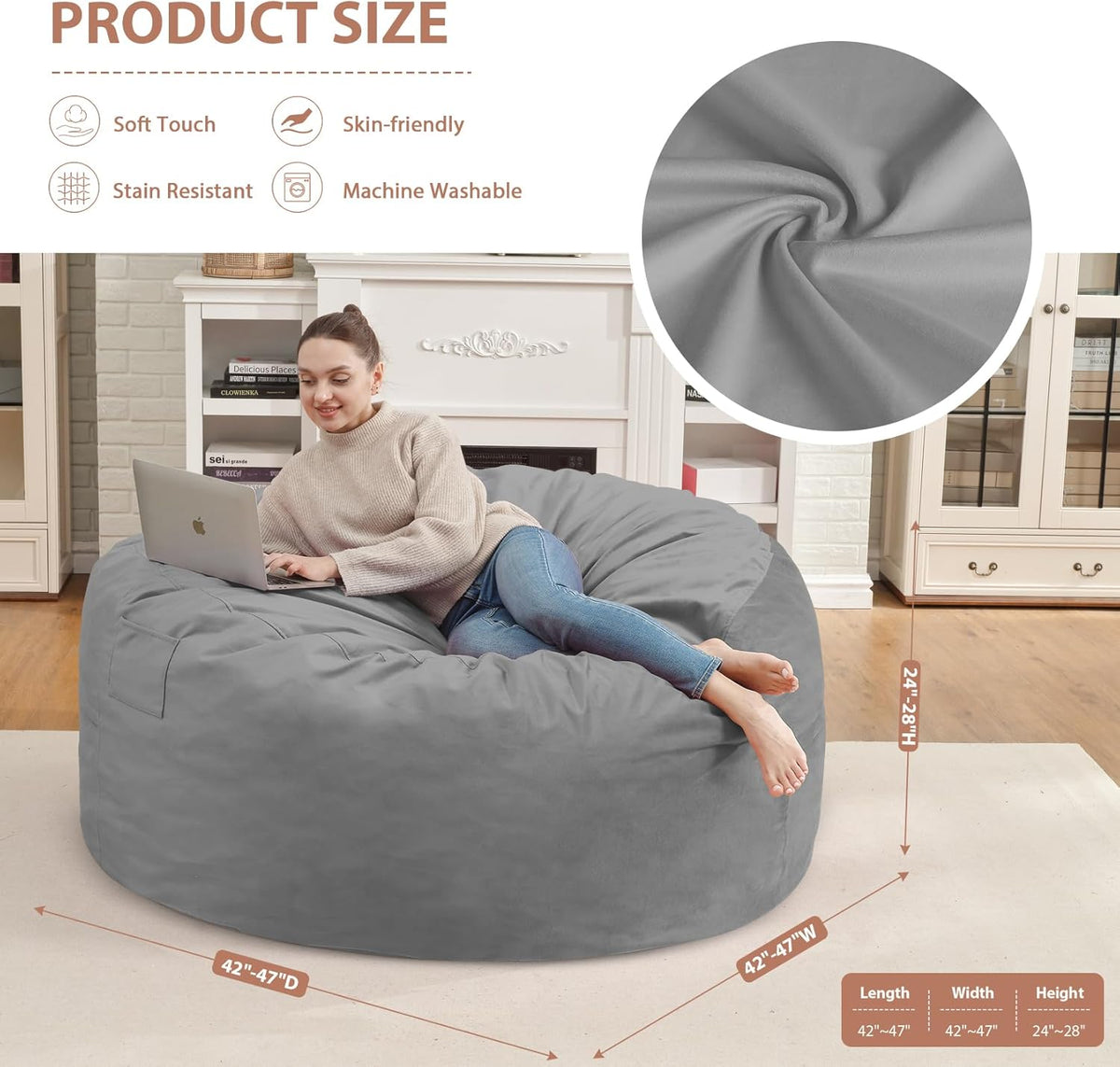 4FT Bean Bag Chair, Large Bean Bag Chairs with Memory Foam Filled, Fluffy Beanbag Sofa with Dutch Velvet Cover, Round BeanBag Chairs for Living Room, Playroom - Light Grey