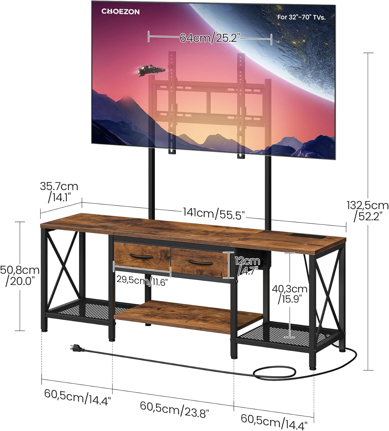TV Stand with Mount, Power Outlet and LED Light, Entertainment Center, Adjustable TV Stand, for 32-70 inch TVs, 2-Tier Storage, for Living Room, Bedroom, Rustic Brown and Black TDS12UDBF