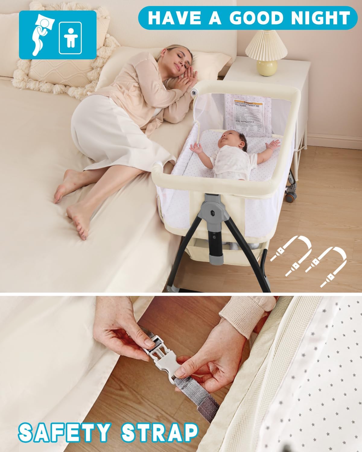 3 in 1 Baby Bassine Crib with Breathable Mesh, Bassinet Bedside Sleeper with Wheels, Mosquito Net, Storage Basket, 6 Height Adjustable, Easy to Fold, Rocking Bassinet for Baby