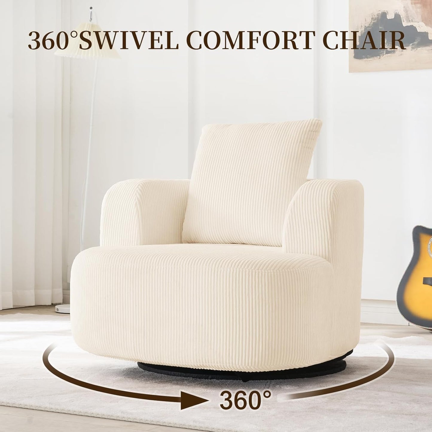 Furnimart 360° Swivel Barrel Accent Chair Set of 2, Round Upholstered Comfy Lounge Chair, Corduroy High-Resilienc Foam Single Sofa, No Assembly Wide Seat for Living Room, Bedroom, Apartment (Beige)