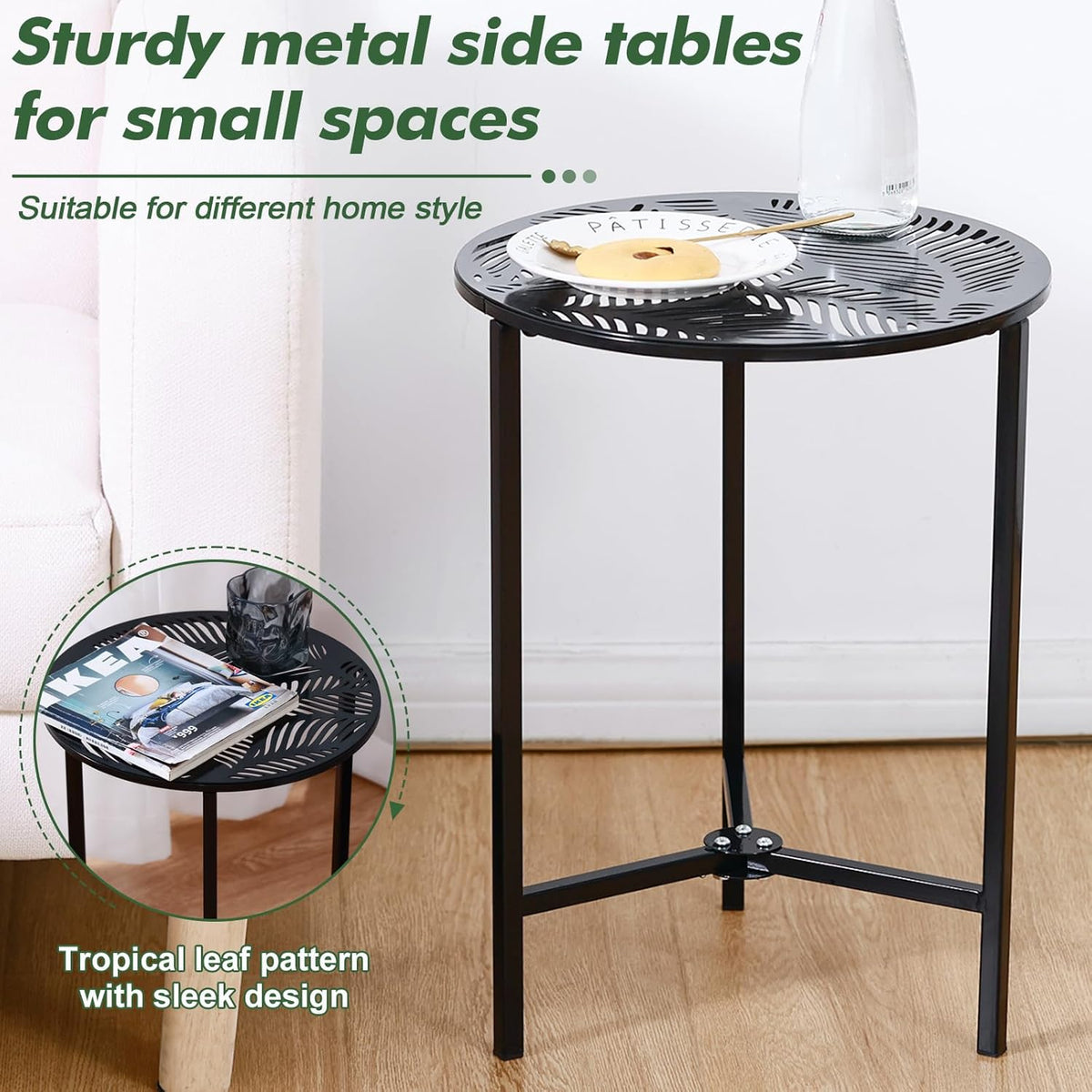 2 Packs 13" Metal Outdoor Side Tables Small Black Outside End Table for Patio Round Accent Corner Stand for Small Spaces Weather-Resistant Coffee Table for Balcony Porch Plant Stand, Palm Leaf