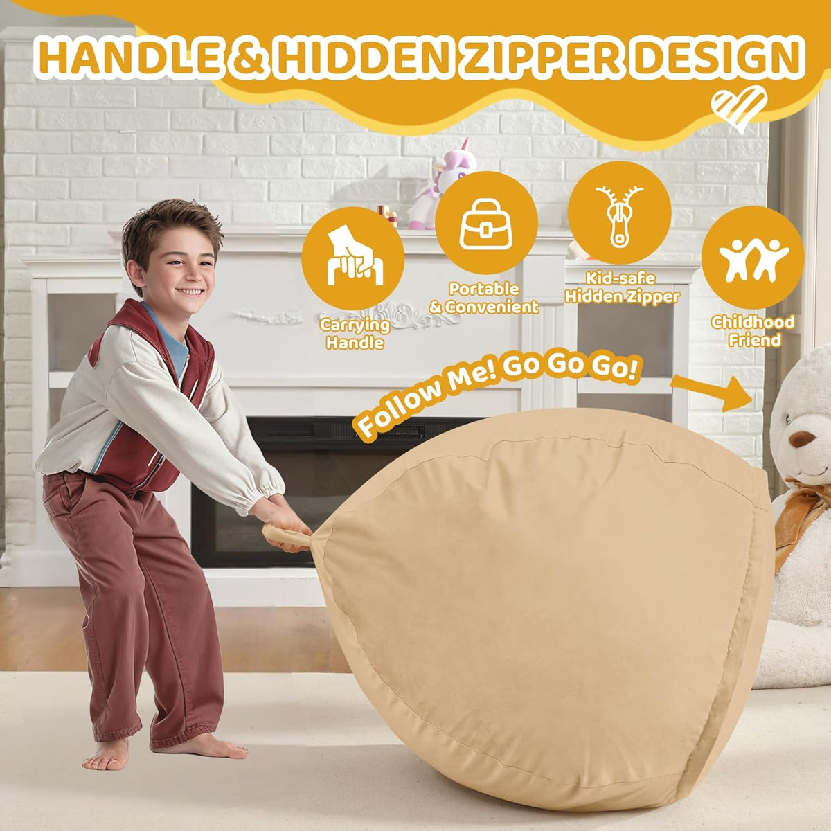 2FT Bean Bag Chair, Comfy Bean Bag Chairs with Memory Foam Filled, Fluffy Beanbag Sofa with Dutch Velvet Cover, Teardrop BeanBag Chairs for Living Room, Playroom - Khaki