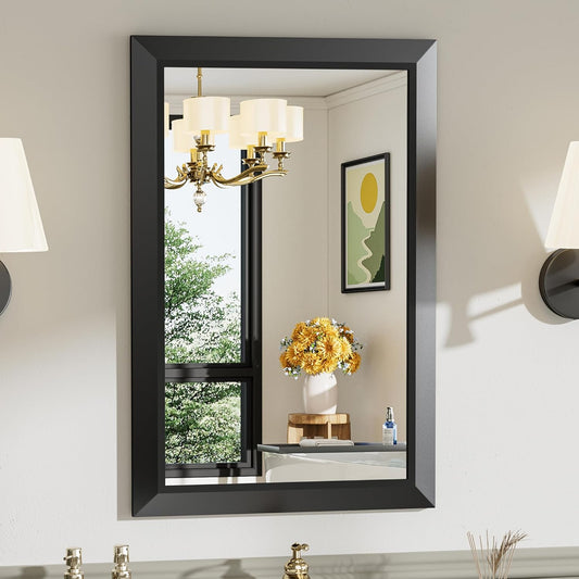 20x30 Inch Black Bathroom Mirror for Wall, Thick Metal Framed Rectangle Mirrors for Over Sink, Bedroom, Living Room, Entryway, Anti-Rust, HD Tempered Glass