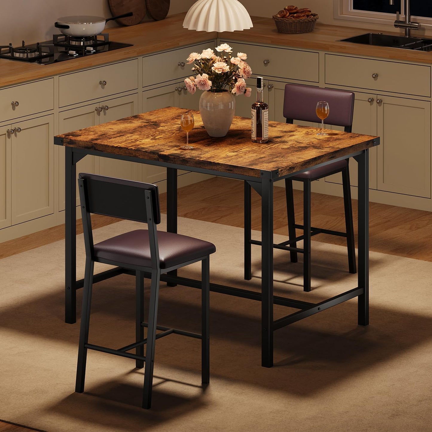IDEALHOUSE Dining Table Set for 2 w/Counter Height Table & 2 Upholstered Bar Stools, 3-Piece Kitchen Table Set with Footrest & Corner Protector, for Kitchen Room, Apartment, Pub