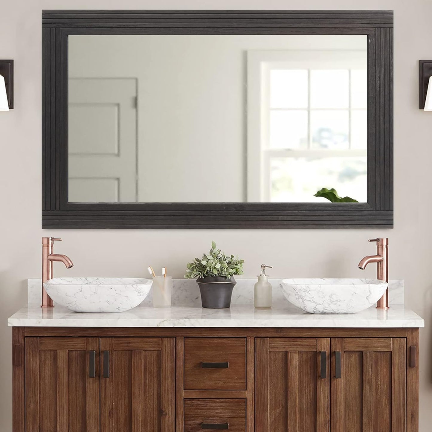 YOSHOOT Hand-Made Wooden Spliced Wall Mirror for Bathroom, Rustic Farmhouse Vanity Mirror, Décor Wall Art, Solid Wood Frame, Vertical or Horizontal Hanging, 72" x 36", Black