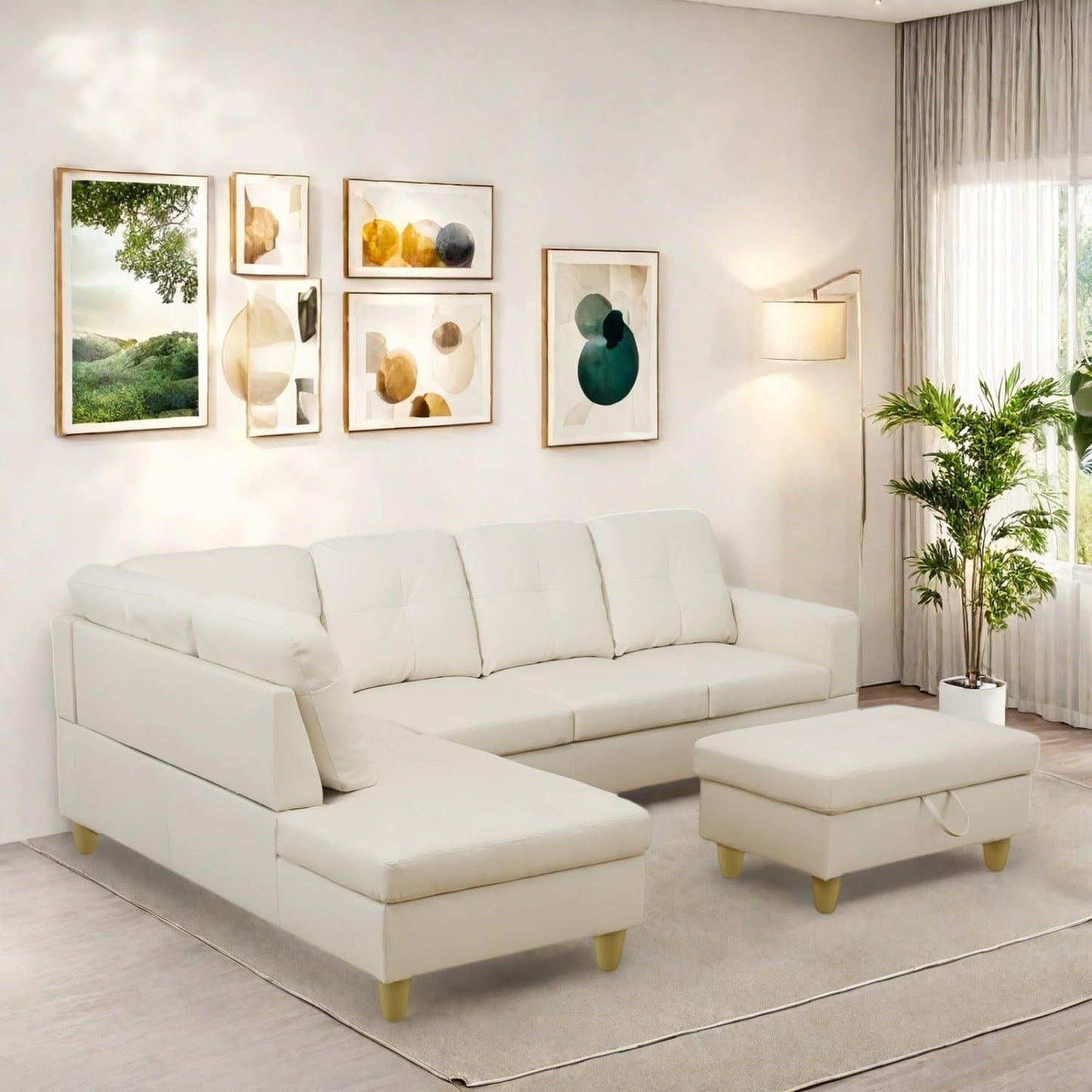 Sectional Couch with Ottoman Storage, L Shaped Sofa Furniture Sets, Modern Modular Couch Comfy Sofa for Living Room Bedroom, White