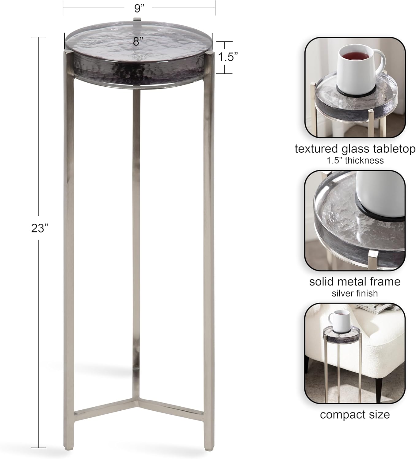 Kate and Laurel Aguilar Modern Drink Table, 9 x 9 x 23, Silver with Tinted Glass, Detailed Glass Accent Table for Small Spaces