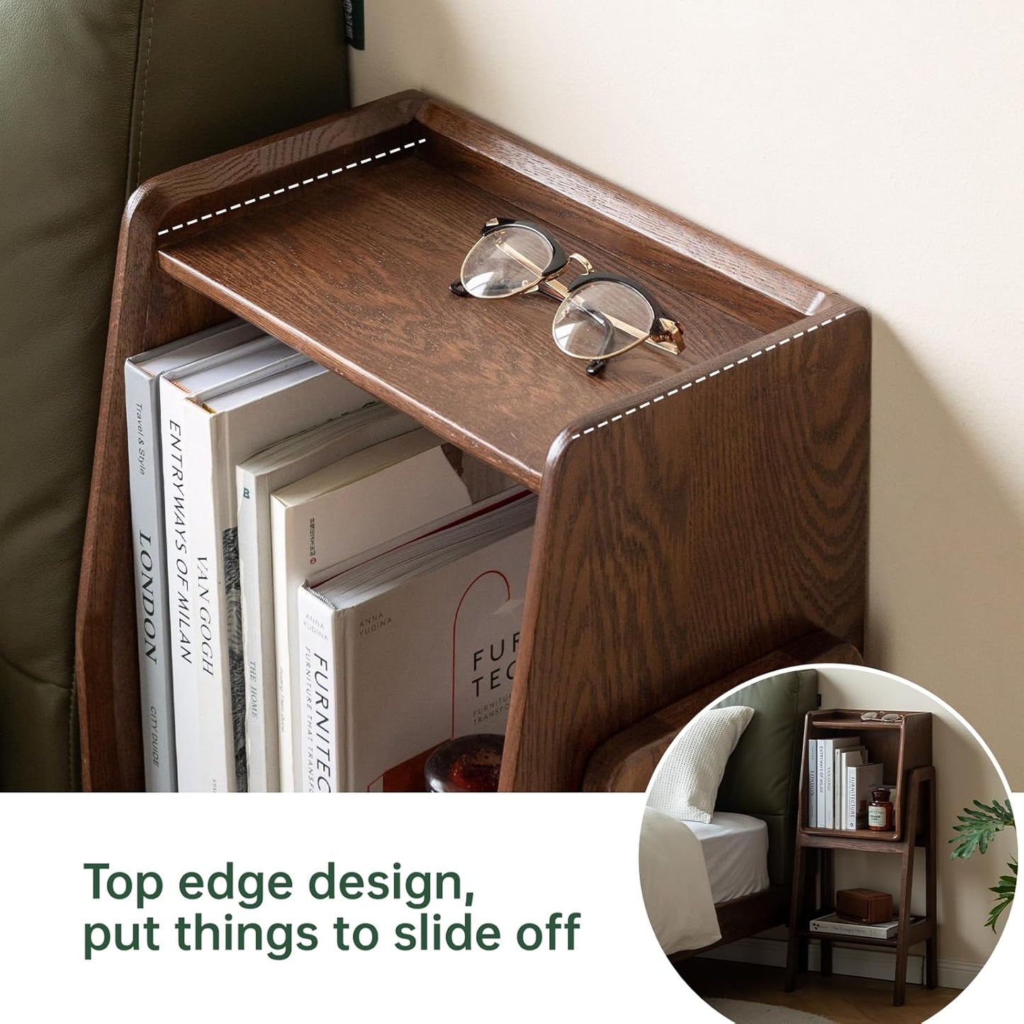 100% Solid Oak Ladder Shelf with Cabinet, 32.67" Tall Nightstand with Stable Frame for Bedroom, Small Bookcase for Living Room Nursery(Walnut, Fully Assembly Furniture)