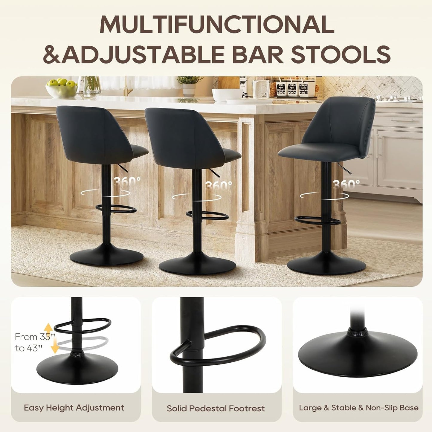 COLAMY Bar Stools Set of 6, Modern Swivel Bar Chairs, Adjustable PU Leather Upholstered Barstools Counter Height with Full Backrest for Bar, Dining Room, Kitchen Island, Black