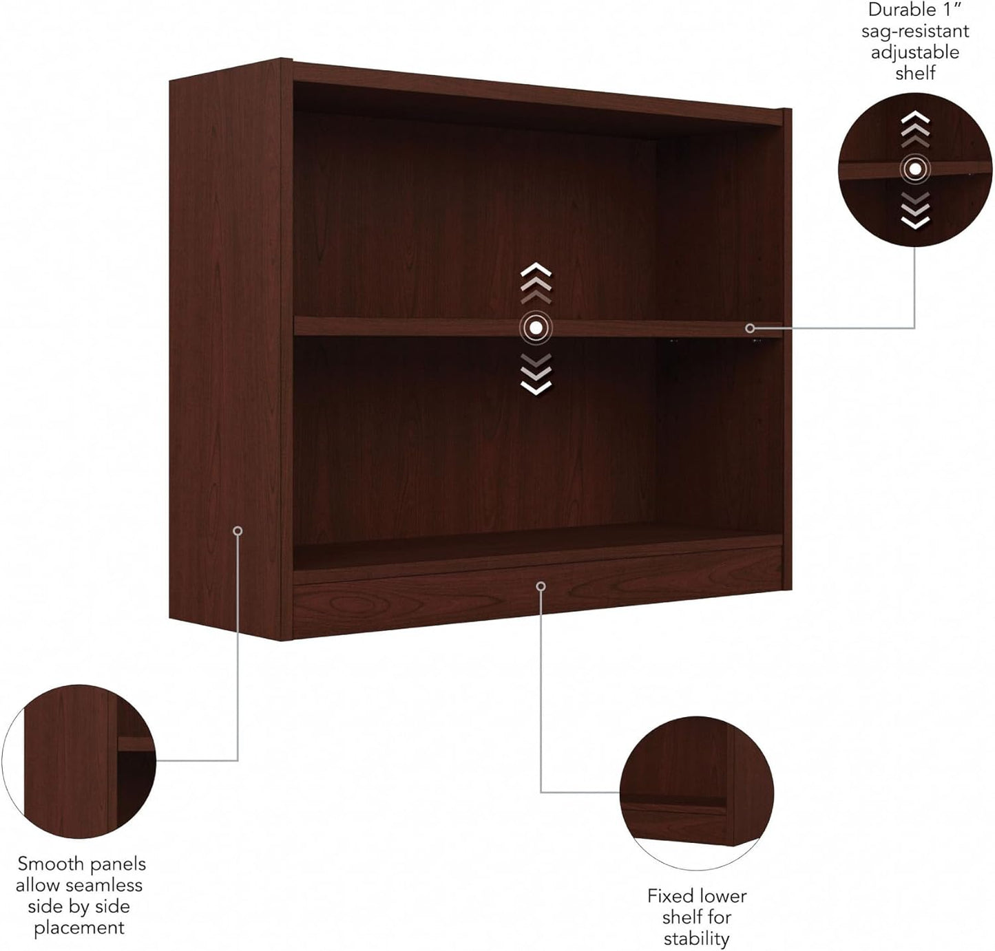 Bush Furniture Universal Bookcase, Low Storage and Display Bookshelf for Home Office or Living Room Organization, 2 Shelf, Vogue Cherry