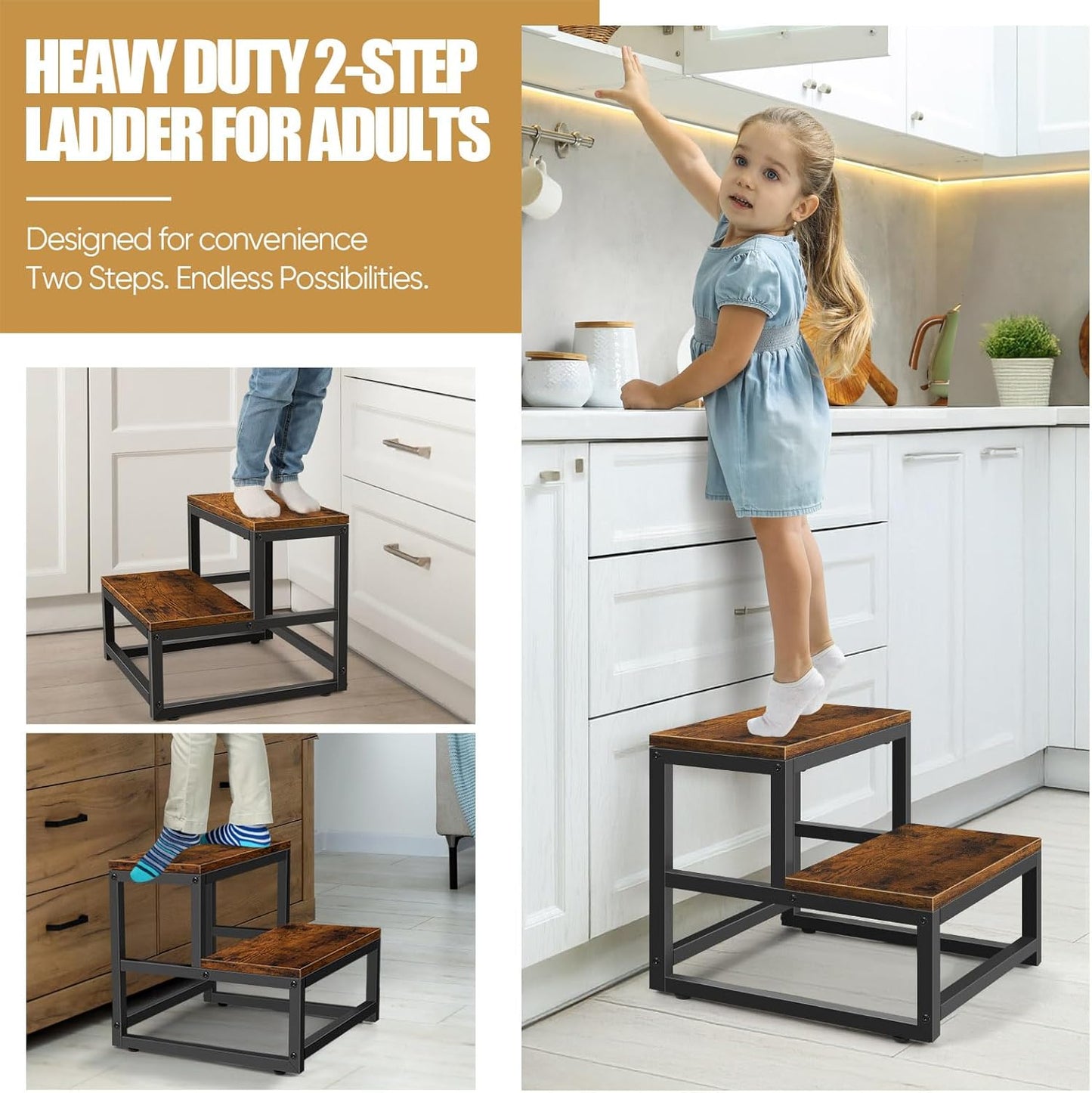 Wood and Metal 2 Step Stool for Adults & Kids – Heavy Duty Rustic Step Stools, 500 Lbs Capacity Non-Slip Stepping Stool for High Beds, Kitchen, Bathroom, Closet, Durable Foot Stool for Home Use